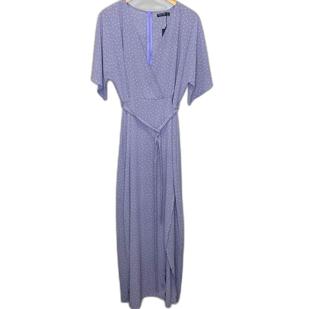 Womens Faux Wrap Maxi Dress Women 12 Lilac Polka Dot Preppy Whimsical Fairy